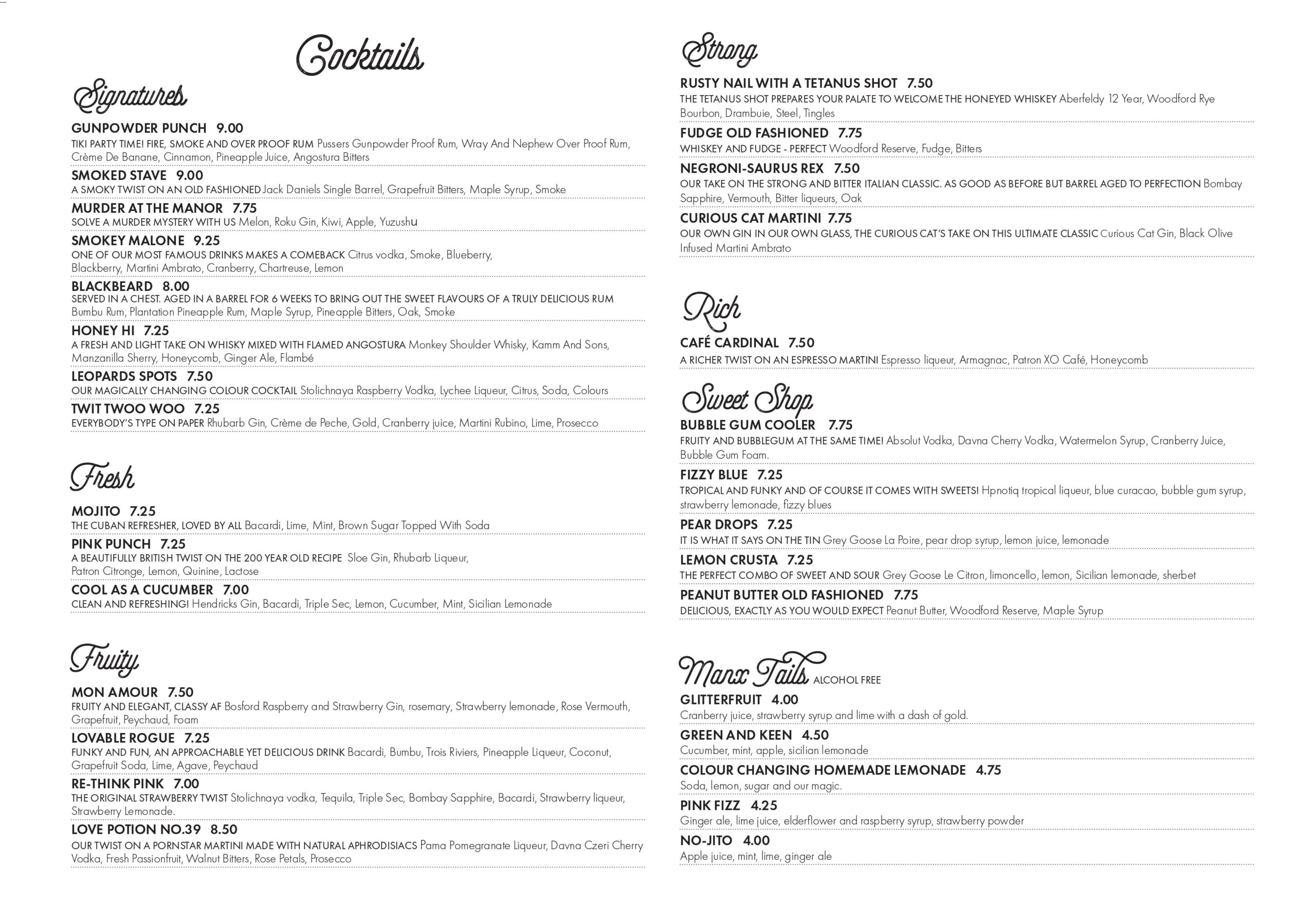 Menu The Curious Cat Bar